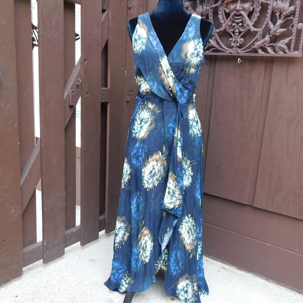 Eva Franco Sz 10 Black Abstract Print Faux Wrap Maxi Dress LIKE NEW!!